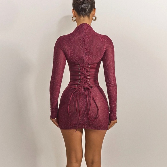 Elegant Burgundy Lace Mini Dress - Picture 3 of 3